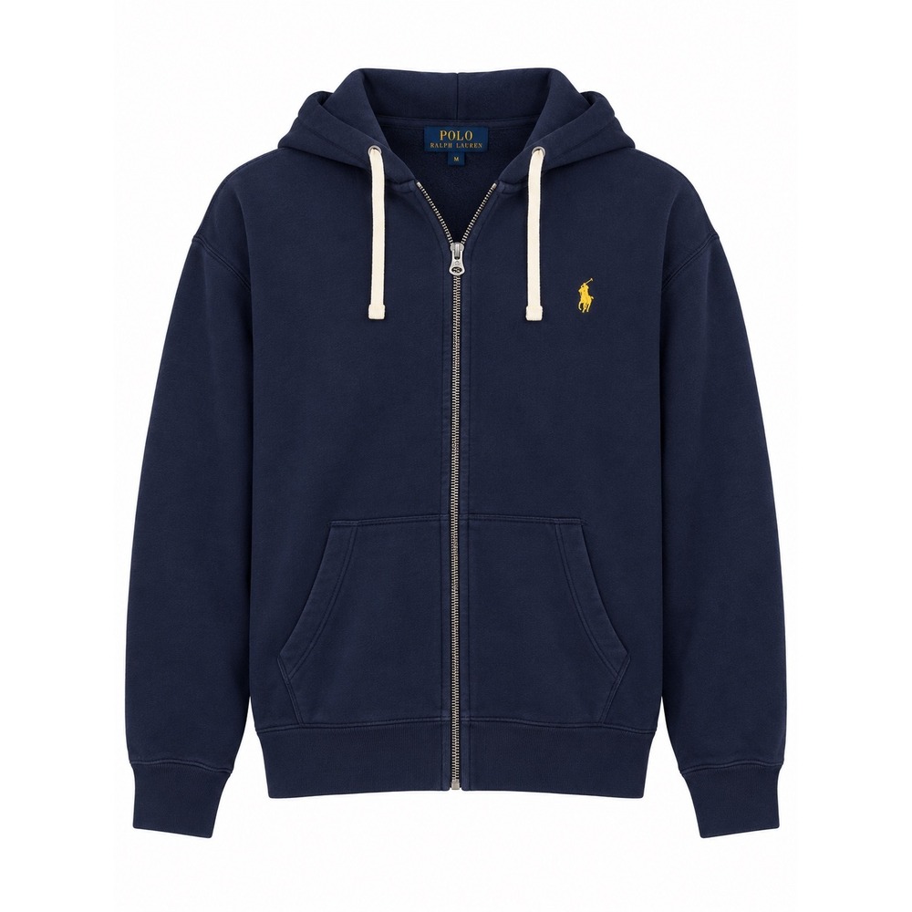 Polo Ralph Lauren Mens XXL Navy Blue Full Zip Fleece Hoodie Yellow Pony Logo 90s